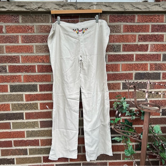 Derek Heart Tan Linen Back Floral Embroidered Straight Leg Pants - Picture 5 of 5